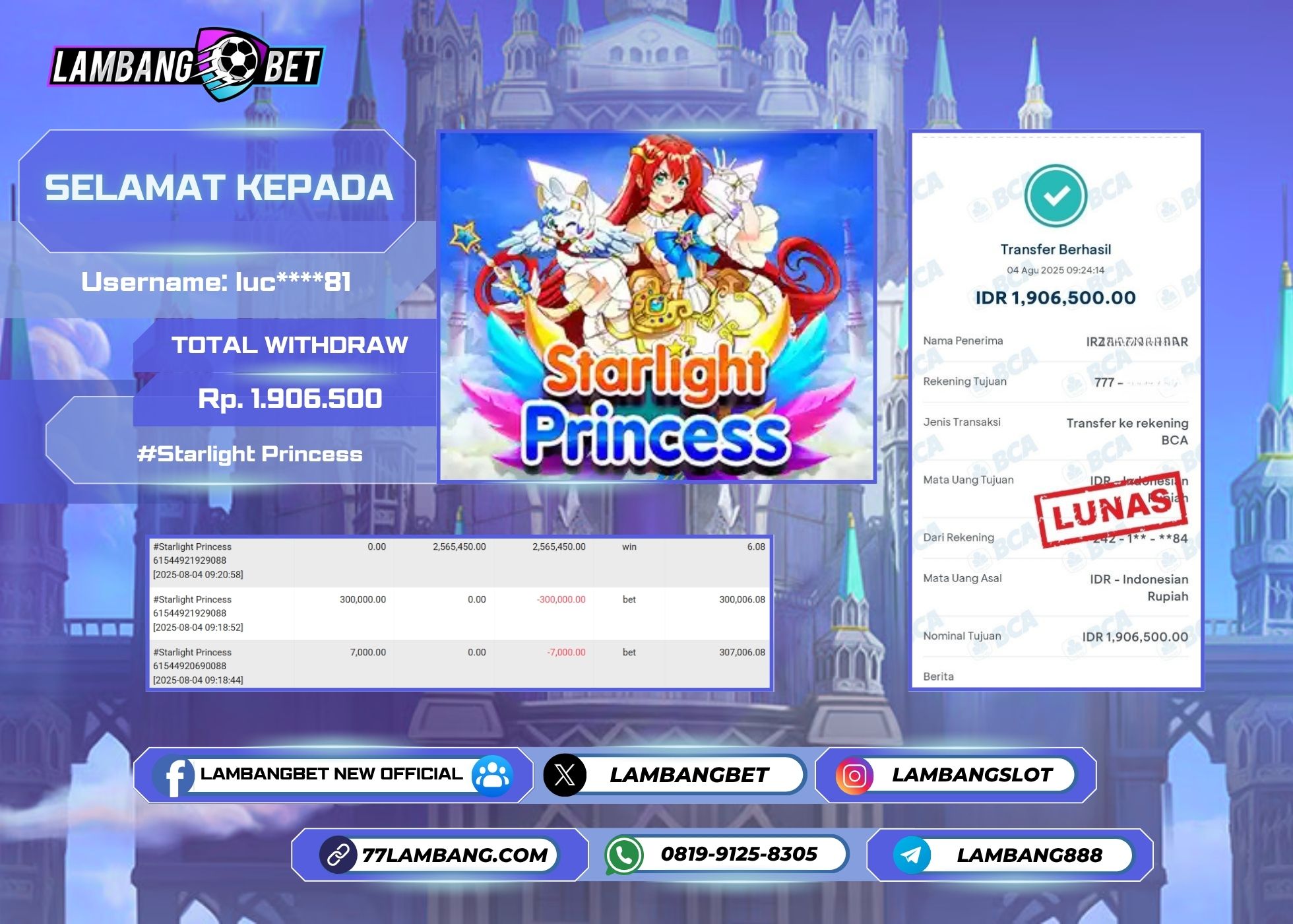 LAMBANGBET [4 AUGUST 2025] JACKPOT SLOT Starlight Princess "Rp1.906.500" LUNAS